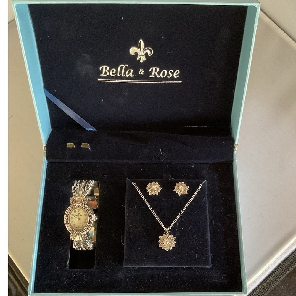 Bella&Rose 3 Piece Set Watch Necklace Earrings Silver Tone
